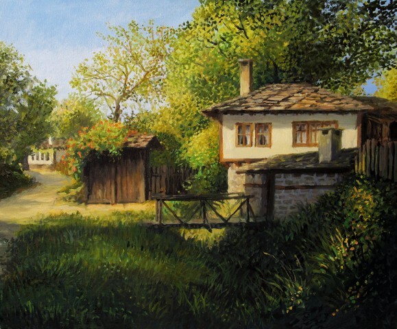 An oil painting on canvas of an old house in the secluded mountain village Bojenci